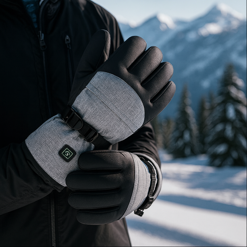 Person wearing gloves with a mountainous winter landscape in the background