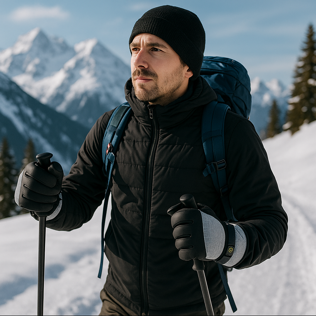 Man hiking in the snow with mountains in the background