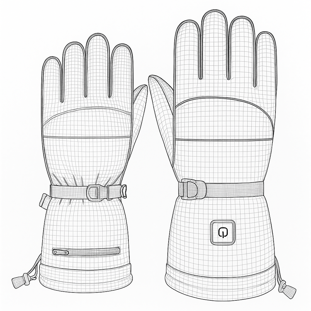 Technical drawing of a pair of gloves with a grid background