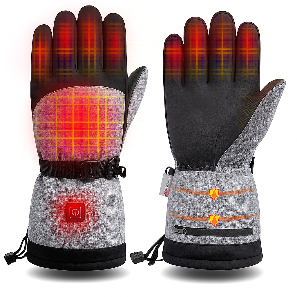 Pair of heated gloves with visible heating elements on a white background
