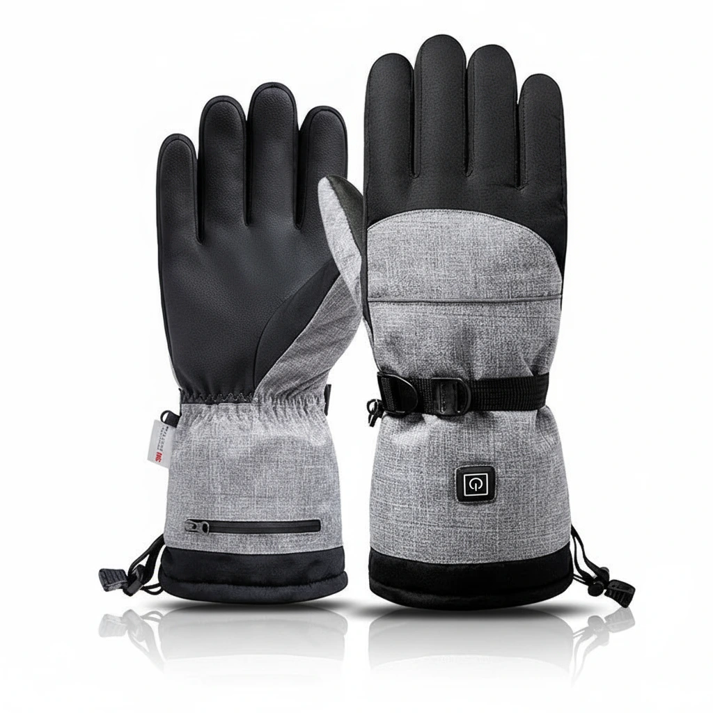 Pair of gray and black gloves with a button on a white background