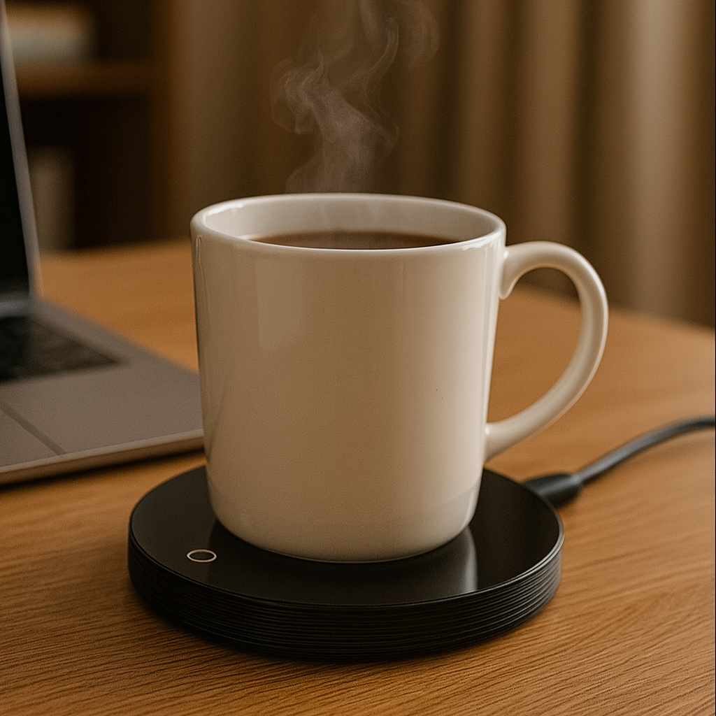 White mug with steam on a black coaster next to a laptop on a wooden desk.