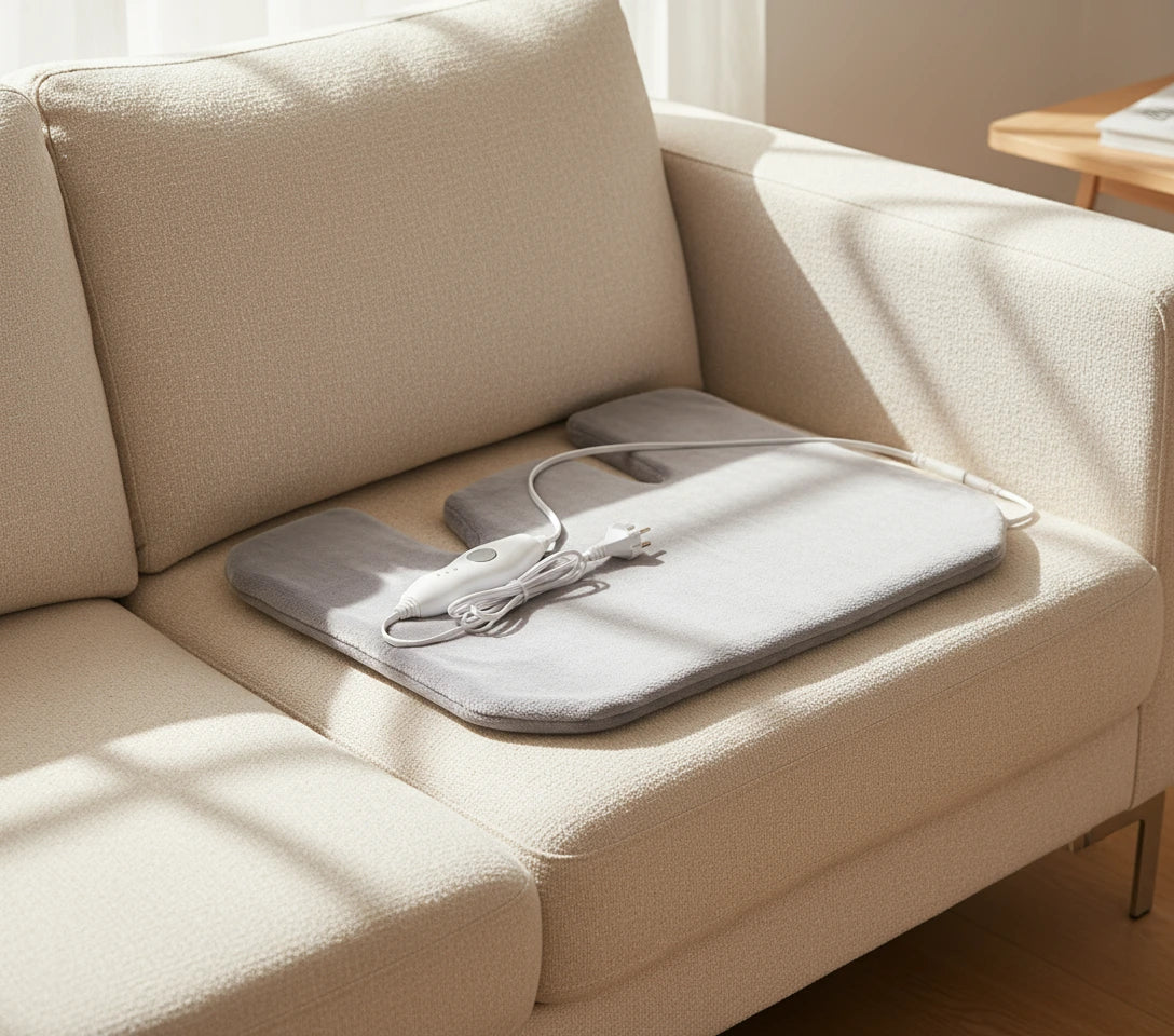 Gray heating pad with a white plug on a beige couch