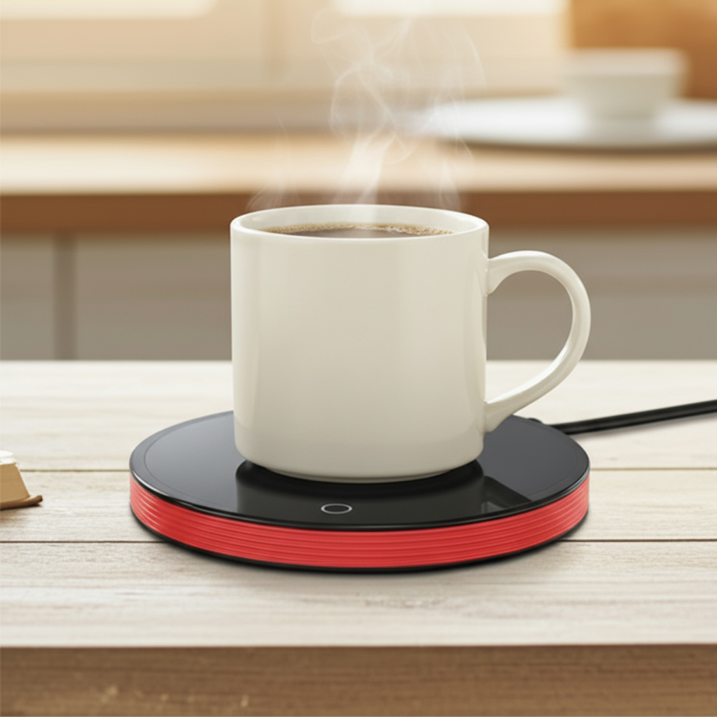 White mug on a black and red hot plate with steam, book, and glasses on a wooden surface.