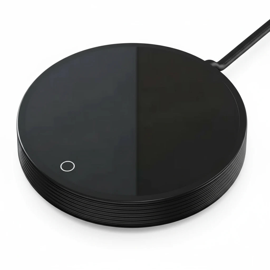 Black round wireless heating pad with a cable on a white background