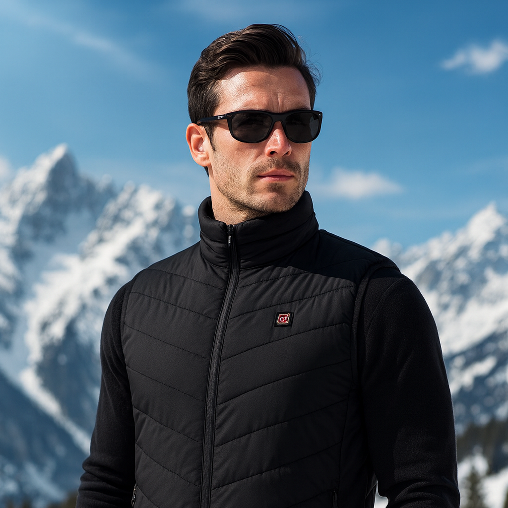 Man wearing a black quilted jacket with a mountainous background